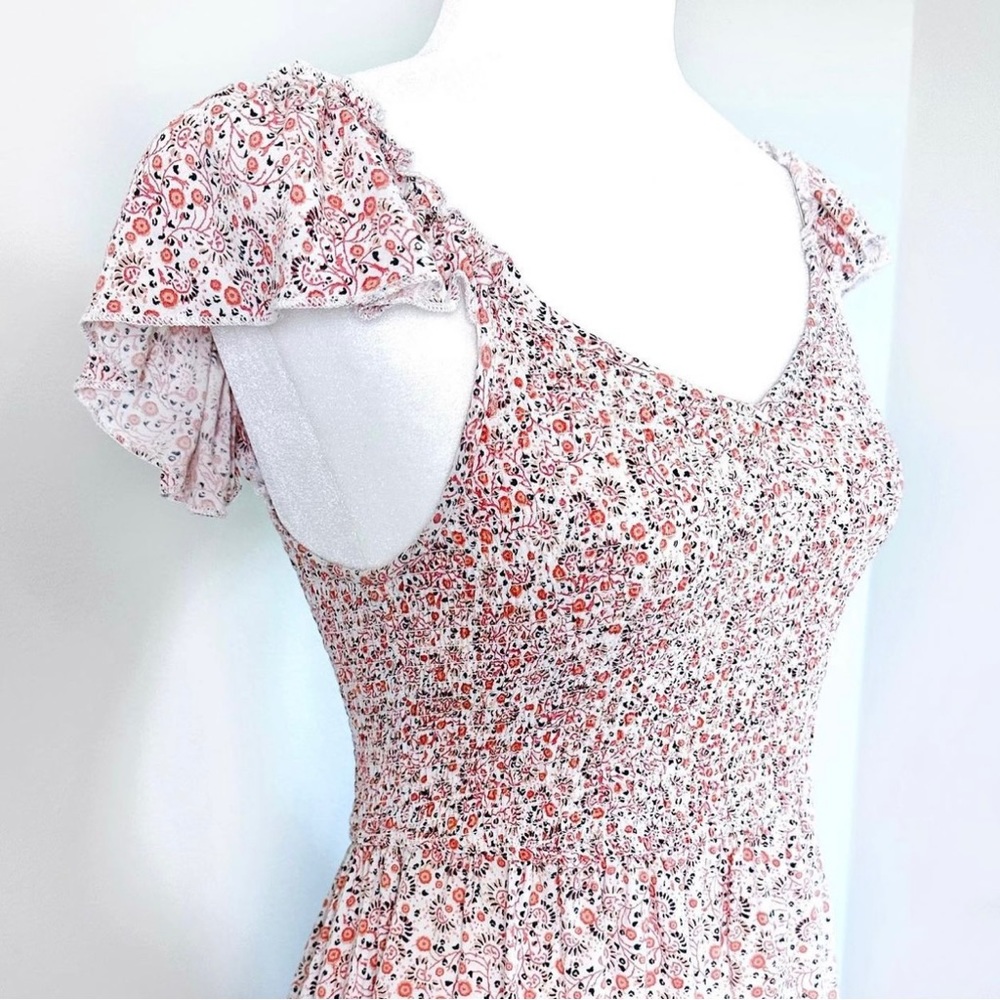 japna pink ditsy floral smocked flutter sleeve dress